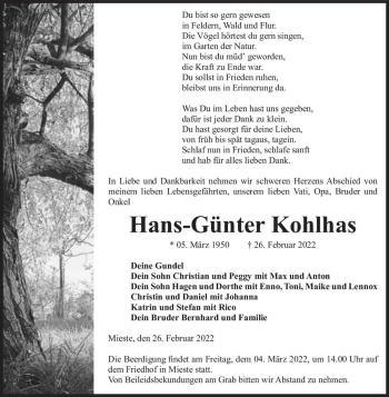 Traueranzeige von Hans-Günter Kohlhas  von Magdeburger Volksstimme