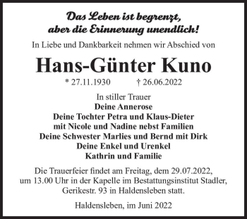 Traueranzeige von Hans-Günter Kuno  von Magdeburger Volksstimme