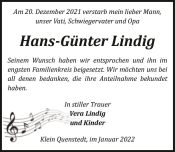 Traueranzeige von Hans-Günter Lindig  von Magdeburger Volksstimme