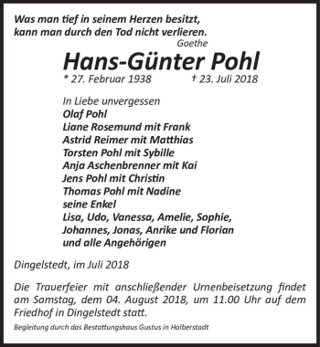 Traueranzeige von Hans-Günter Pohl  von Magdeburger Volksstimme