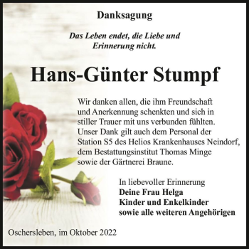 Traueranzeige von Hans-Günter Stumpf  von Magdeburger Volksstimme
