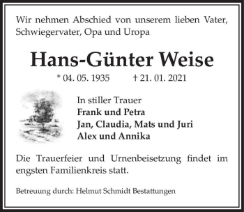 Traueranzeige von Hans-Günter Weise  von Magdeburger Volksstimme