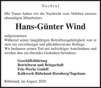 Traueranzeige von Hans-Günter Wind  von Magdeburger Volksstimme