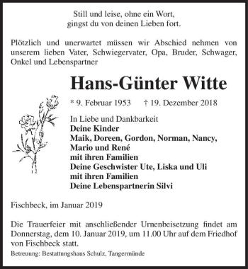 Traueranzeige von Hans-Günter Witte  von Magdeburger Volksstimme