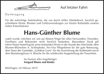 Traueranzeige von Hans-Günther Blume  von Magdeburger Volksstimme