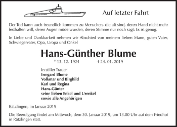 Traueranzeige von Hans-Günther Blume  von Magdeburger Volksstimme