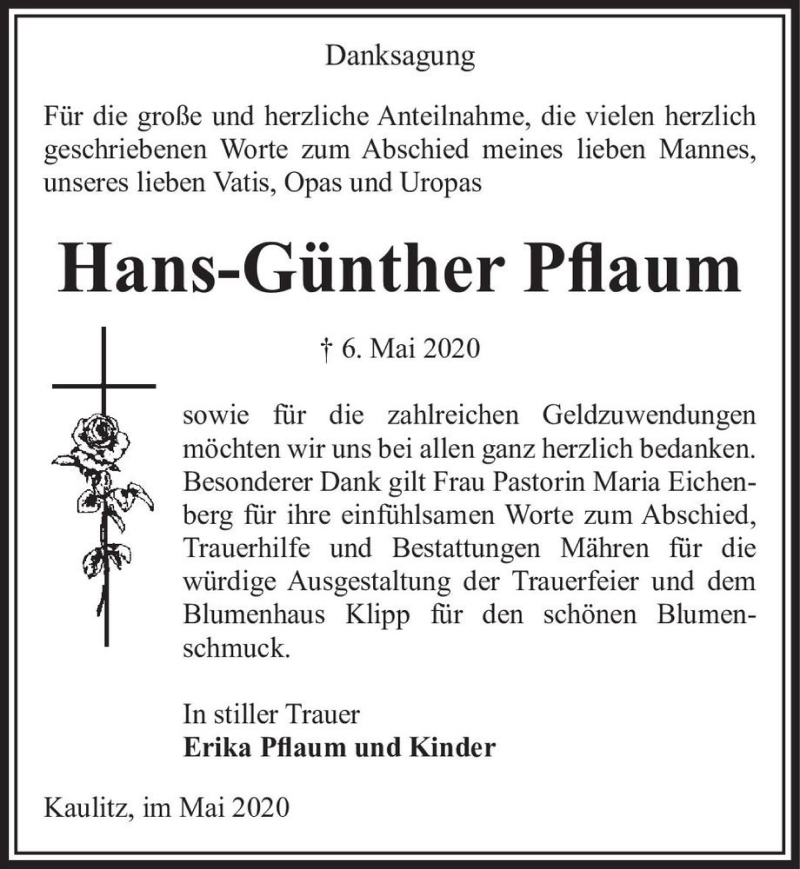  Traueranzeige für Hans-Günther Pflaum  vom 30.05.2020 aus Magdeburger Volksstimme