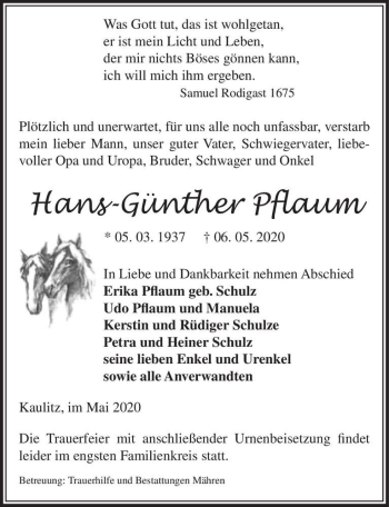 Traueranzeige von Hans-Günther Pflaum  von Magdeburger Volksstimme