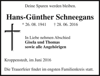Traueranzeige von Hans-Günther Schneegans  von Magdeburger Volksstimme