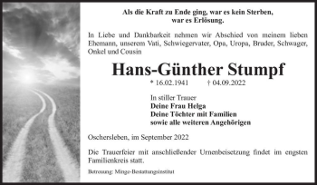 Traueranzeige von Hans-Günther Stumpf  von Magdeburger Volksstimme