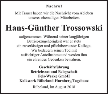 Traueranzeige von Hans-Günther Trossowski  von Magdeburger Volksstimme