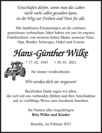 Traueranzeige von Hans-Günther Wilke  von Magdeburger Volksstimme