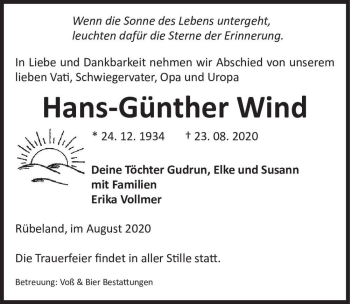 Traueranzeige von Hans-Günther Wind  von Magdeburger Volksstimme