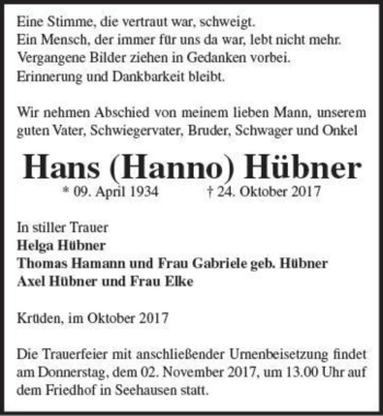 Traueranzeige von Hans (Hanno) Hübner  von Magdeburger Volksstimme