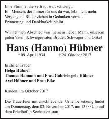 Traueranzeige von Hans (Hanno) Hübner  von Magdeburger Volksstimme