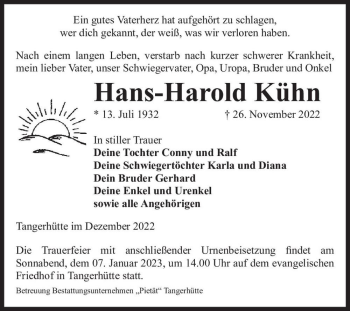 Traueranzeige von Hans-Harold Kühn  von Magdeburger Volksstimme