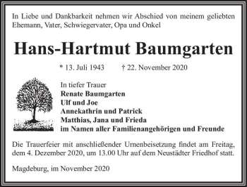 Traueranzeige von Hans-Hartmut Baumgarten  von Magdeburger Volksstimme