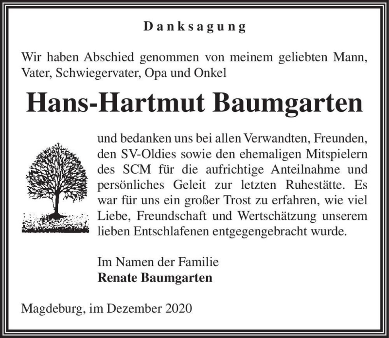  Traueranzeige für Hans-Hartmut Baumgarten  vom 02.01.2021 aus Magdeburger Volksstimme