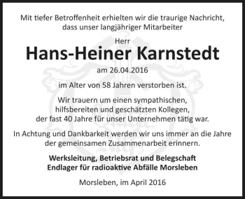 Traueranzeige von Hans-Heiner Karnstedt  von Magdeburger Volksstimme