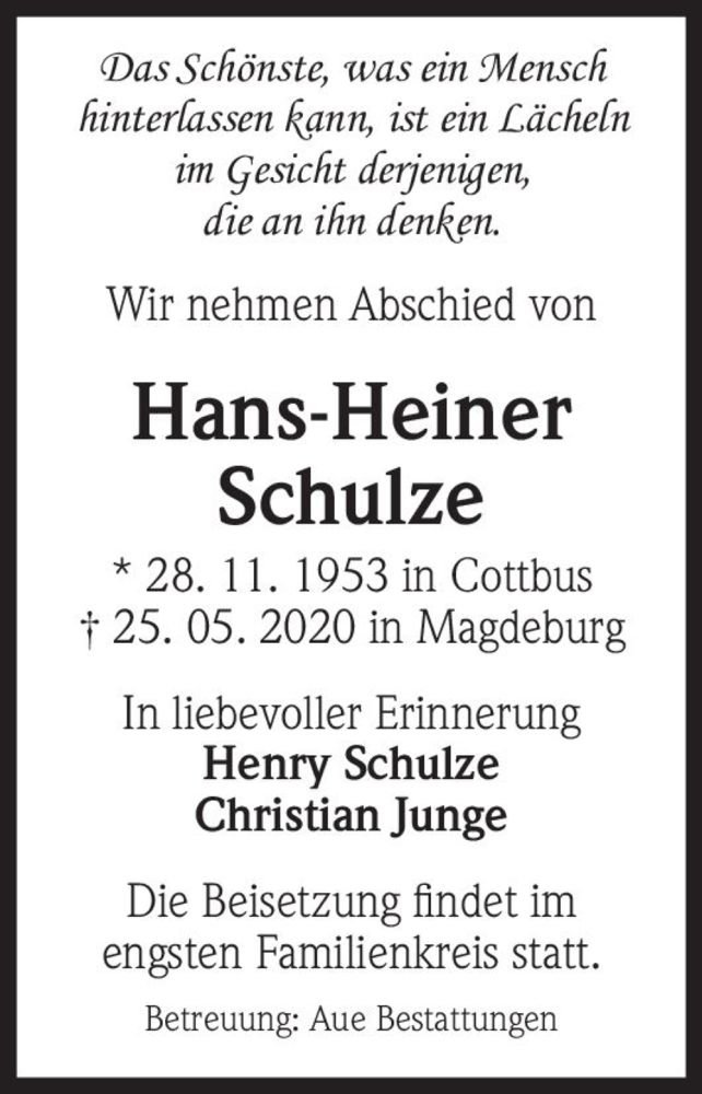  Traueranzeige für Hans-Heiner Schulze  vom 06.06.2020 aus Magdeburger Volksstimme