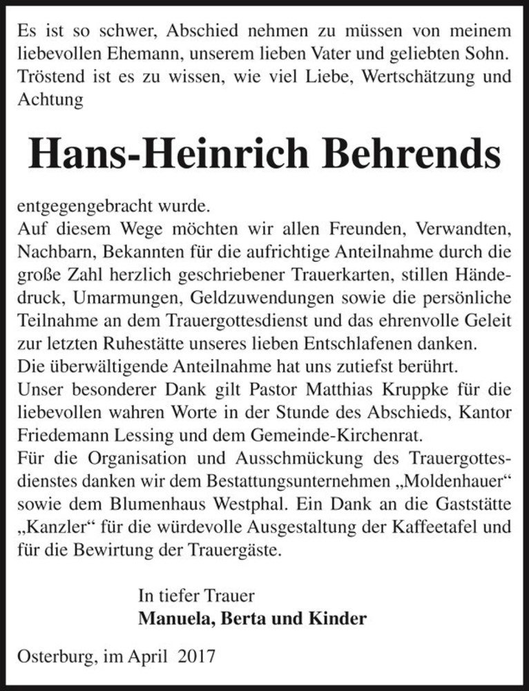  Traueranzeige für Hans-Heinrich Behrends  vom 12.05.2017 aus Magdeburger Volksstimme