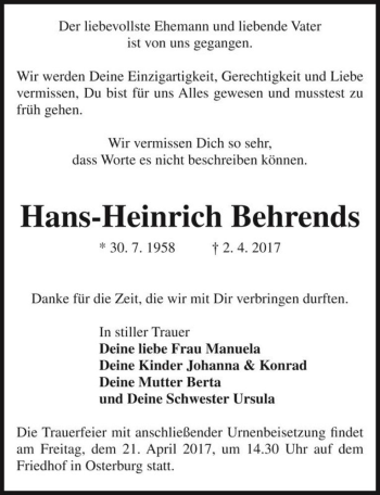 Traueranzeige von Hans-Heinrich Behrends  von Magdeburger Volksstimme