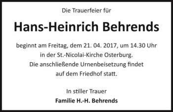 Traueranzeige von Hans-Heinrich Behrends  von Magdeburger Volksstimme