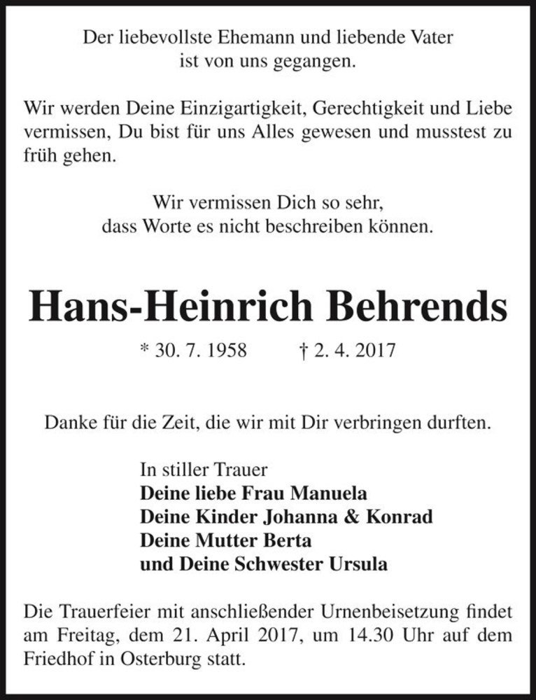  Traueranzeige für Hans-Heinrich Behrends  vom 05.04.2017 aus Magdeburger Volksstimme