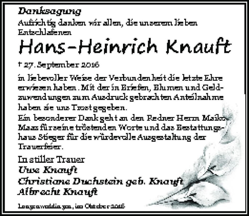  Traueranzeige für Hans-Heinrich Knauft  vom 26.10.2016 aus Magdeburger Volksstimme