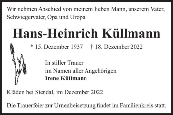Traueranzeige von Hans-Heinrich Küllmann  von Magdeburger Volksstimme