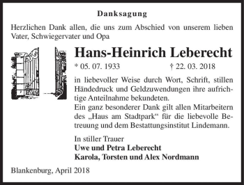 Traueranzeige von Hans-Heinrich Leberecht  von Magdeburger Volksstimme
