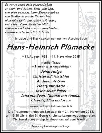 Traueranzeige von Hans-Heinrich Plümecke  von Magdeburger Volksstimme