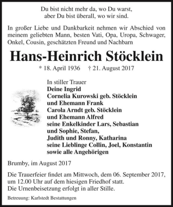 Traueranzeige von Hans-Heinrich Stöcklein  von Magdeburger Volksstimme