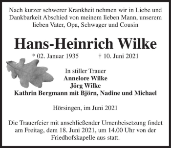 Traueranzeige von Hans-Heinrich Wilke  von Magdeburger Volksstimme