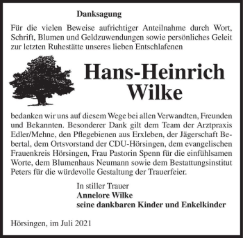 Traueranzeige von Hans-Heinrich Wilke  von Magdeburger Volksstimme