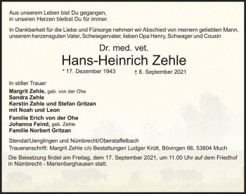 Traueranzeige von Hans-Heinrich Zehle  von Magdeburger Volksstimme