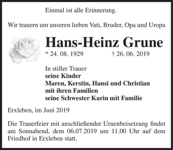 Traueranzeige von Hans-Heinz Grune  von Magdeburger Volksstimme