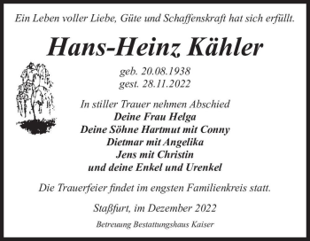 Traueranzeige von Hans-Heinz Kähler  von Magdeburger Volksstimme
