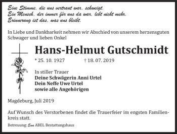 Traueranzeige von Hans-Helmut Gutschmidt  von Magdeburger Volksstimme