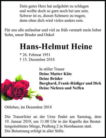 Traueranzeige von Hans-Helmut Heine  von Magdeburger Volksstimme