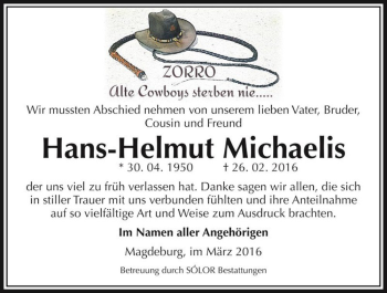 Traueranzeige von Hans-Helmut Michaelis  von Magdeburger Volksstimme