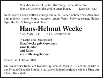 Traueranzeige von Hans-Helmut Wecke  von Magdeburger Volksstimme