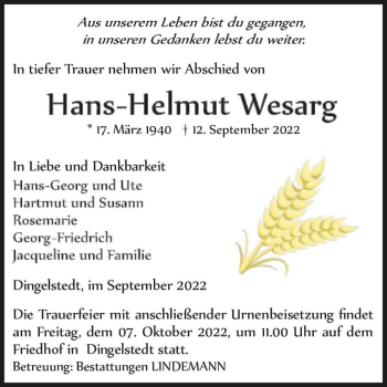 Traueranzeige von Hans-Helmut Wesarg  von Magdeburger Volksstimme