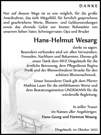 Traueranzeige von Hans-Helmut Wesarg  von Magdeburger Volksstimme