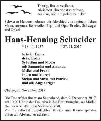 Traueranzeige von Hans-Henning Schneider  von Magdeburger Volksstimme