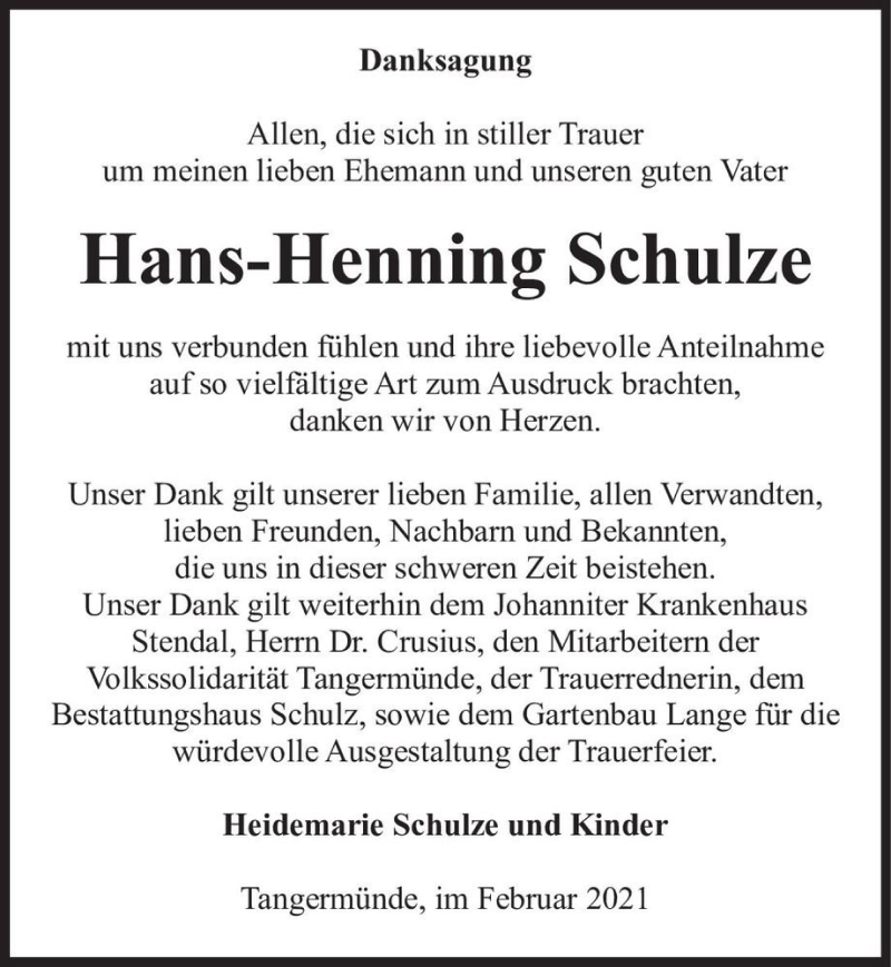  Traueranzeige für Hans-Henning Schulze  vom 19.02.2021 aus Magdeburger Volksstimme