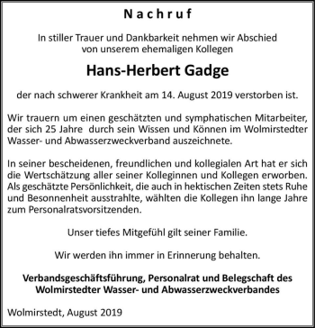 Traueranzeige von Hans-Herbert Gadge  von Magdeburger Volksstimme