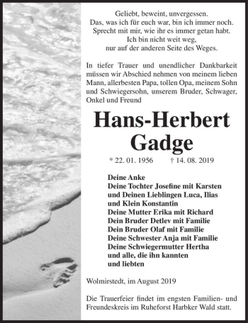 Traueranzeige von Hans-Herbert Gadge  von Magdeburger Volksstimme