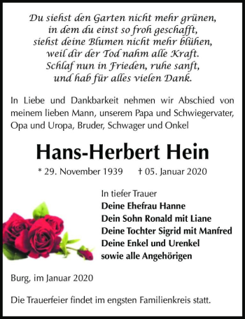 Traueranzeige von Hans-Herbert Hein  von Magdeburger Volksstimme