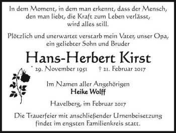 Traueranzeige von Hans-Herbert Kirst  von Magdeburger Volksstimme